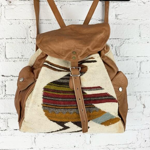 VTG Tapestry Kilim Bird Animal Drawstring Leather Backpack Tapestry Backpack main image 7